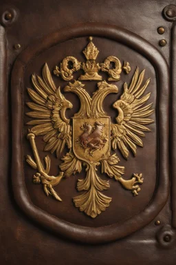 in the BASEMENT there is an old, broken brown oblong leather chest with short handles, with a hole on the side, gold coins from the time of Catherine the Great fall out of it. The ancient coat of arms of tsarist Russia, the double-headed eagle, is BARELY VISIBLE on the bag. All in high quality 8K