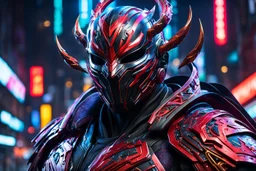 Carnage in 8k cgi game artstyle, ronin costum, galaxy mask, cover face, dynamic pose, oshare kei, hurufiyya, rtx , neon lights, intricate details, highly detailed, high details, detailed portrait, masterpiece,ultra detailed, ultra quality