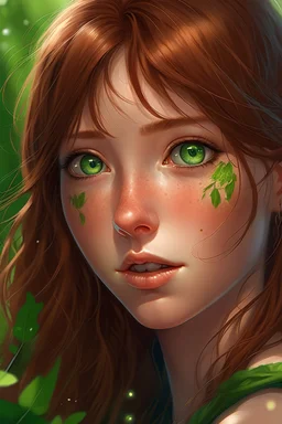 A highly detailed digital painting of an anime girl, brown hair, green eyes, freckles, wild, one with nature, confident