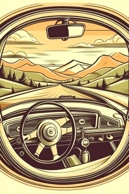 A vintage car phone with a curly cord, attached to the dashboard of a classic automobile. A scenic mountain highway stretches out in the background through the open window. Style: Retro travel, Mood: Adventurous, Lighting: Warm sunlight streaming through the window, T-shirt design graphic, vector, contour, white background.