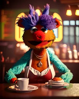 Pub scene, hybrid character, waitress woman with monster muppet mask that covers her entire head, retro style, Sesame Street style, smooth, unreal engine 5, god lights, ray tracing, RTX, lumen lighting, ultra detail, volumetric lighting, 3d.