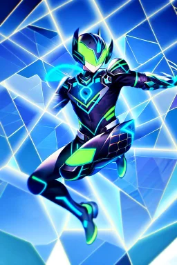 neon blue, flying parts of armor in form of triangles, cyber armor, geometric patterns on armor, male, orbiting triangle