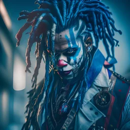 [A businessman with online traffic aesthetics, Assassin clown NFT with blue dreadlocks in assassin's Creed attire with HDR DSLR HD Aesthetics, Professional Color grading and Editing with Highest Quality, Sharp focus, Hyper High details, and UHD Resolutions]