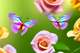 vibrant butterfly, its wings reflecting the rainbow, settled on a dew-kissed rose in a lush garden, with a warm and lively atmosphere"