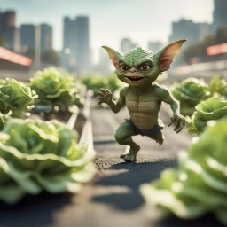 gremlins in 100 m championship on freeway running on lettuce cabbage, in the style of a fallout 4,bokeh like f/0.8, tilt-shift lens 8k, high detail, smooth render, down-light, unreal engine, prize winning