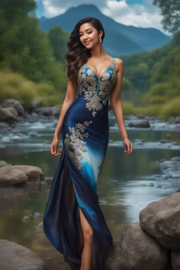 full shot body photo of the most beautiful artwork in the world featuring model, happy mood, High Detail, dramatic, photo realistic, ultra sharp, ultra hd, hyper realistic, ultra realistic, ((((dress)))), trending on artstation, sharp focus, studio photo, intricate details, highly detailed, standing in nice pose in country side with river ,water fall ,rocky valley,mountains at background, pretty clouds