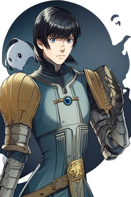 Motoko Kusanagi from "Ghost In The Shell (1995)", clad in medieval stell plate armour, alone, blue eyes, perfect, beautiful, black hair, in the style of 90-s anime, androgynous, melancholic, bleak