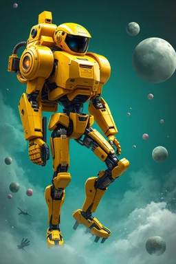 A hyper-realistic 3D Surreal digital painting, yellow droid mechanic, rich deep teal background, dreamlike imagery, fantastical elements, perfect body ,dymond , action poses