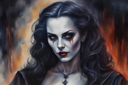 oil with watercolor underpainting of a dark medieval female vampire sorceress , with highly detailed facial features ,in the style Ann Chernow, with a fine art aesthetic, highly detailed , realistic , 4k UHD cinegraphic quality