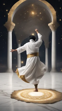 Hyper Realistic Sufi Whirling on stone floor with white & Golden Islamic Sufi Rustic Grungy Background outside white marble Islamic monument at dark night with stars on sky