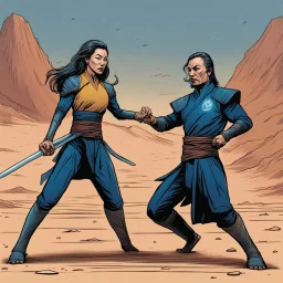 [mexican comics Head Lopper style by Andrew MacLean] [star trek discovery] Michelle Yeoh fights Montalbán as Khan Noonien Singh in kung-fu on the sandy surface of Ceti Alpha VI