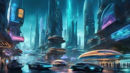 Underwater cityscape featuring alien beings of diverse races, sleek futuristic buildings, various advanced vehicles traversing the scene, signpost reading "PRUDENT CITY" strategically positioned on a busy thoroughfare, neon lighting, bio-luminescent marine flora surrounding the architecture, ambient light filtering from above, soft shadows, digital painting, ultra-fine details, cinematic.