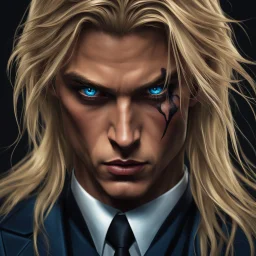 portrait of a malavolent stunningly handsome male aged 25, muscular, long blonde hair, blue eyes, wearing a dark suit, angry expression,4k, modern fantasy