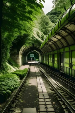 treno che da una stazione entra in una galleria che sfocia in un parco