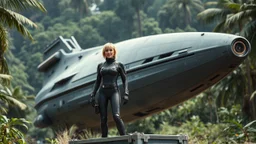 A photorealistic image of an adventurous, slender, 50-year-old woman from the future, dressed in a fitted, full-body spacesuit, stands proudly beside her huge, wide, sleek, wingless cargo starship. Her uncombed, blond hair has bangs. She is standing on a metal box in a jungle clearing.