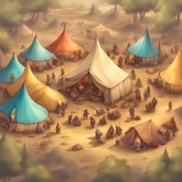 Circle of nomadic colorful tents, gipsy gnomes gathered celebrating fantasy gathering festival, epic aerial matte painting, colored ink, DnD fantasy concept art, highly detailed