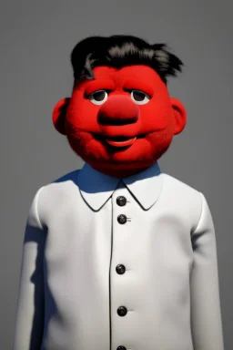 Waist up muppet Portrait, Kim Jong-un muppet doll, black suit, photo studio, red background, unreal engine 5, concept art, art station, god lights, ray tracing, RTX, lumen lighting, ultra detail, volumetric lighting, 3d.