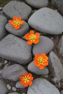 small beautiful flowers grow out of cracks in the grey stones and rocks