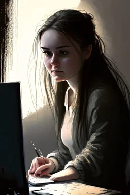 the girl is sitting at the computer