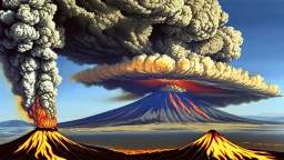 Massive volcano erupting with smoke and fire and ash