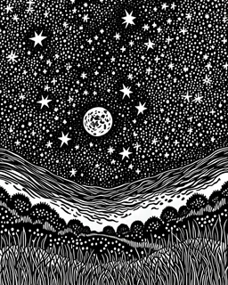 A dreamy night sky filled with constellations and a crescent moon, providing a celestial setting for various nocturnal creatures for colouring pages black and white,no blur,no grayscale,white ackround