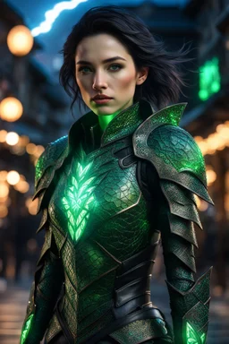 3.4 body shot, green skin,beautiful face, female gorgeous, 2 fang visible on mouth, thin, lightning crackle crested around her armor as symbols,dark hair, detailed glowing ornamental magical pattern armor, glowing gem crackling with lightning implanted on leather armor, 8k, high detail, market background, midnight, facing viewer, front facing