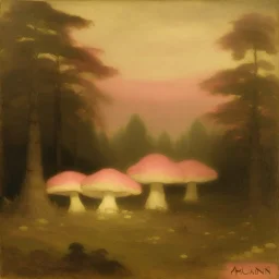 A light pink mushroom forest with beaming magic painted by Albert Pinkham Ryder