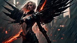 biomechanical women, beautiful, cyberpunk, dusty blonde, short square, large biomechanical black wings, sword, cybernetic, dynamic pose, rain, wind, ashes, flashes of fiery threads, sketch art, fine lines, grunge, sensual, darkness, dark colors, by Raymond Swanland & Alyssa Monks & Anna Razumovskaya