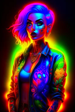 full body colorful tattooed portrait of a female model with colorful hair, Vibrant colors, Neon lighting, Intricate details, Digital painting, Artstation, glowing tattoos, Sharp focus, Illustration, art by audrey benjaminsen and lois van baarle and artgerm and mandy jurgens, Dystopian, cyberpunk