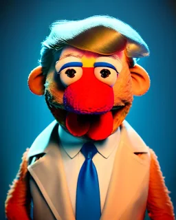 Waist up Portrait, Donald trump muppet, Sesame Street style, retro style, photo studio, soft color, blue background, unreal engine 5, ray tracing, RTX, lumen lighting, ultra detail, volumetric lighting, 3d.