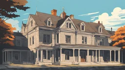 Vector. Illustration. Stone house school. Old home school. 2D animated. 1900 AD. Istanbul. Digital painting, inside. Minimal.