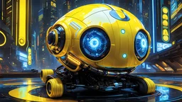A masterpiece conceptual digital painting of a prototype, experimental, yellow(((Pac-Man)))-cyborg, with illuminated holographic eyes, pinstripes, and detailed LED light accents, in a glossy cyberpunk background, Syd Mead art style, sci-fi, cyberpunk, game art, intricate details, HDR, beautifully shot, hyperrealistic, sharp focus, dim foul lighting, 64 megapixels, perfect composition, high contrast, cinematic, atmospheric, moody.