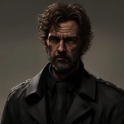 50 year old Male blind in the left eye, has short beard, messy hair, wearing black trench coat, Detailed, Realistic