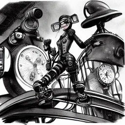 great illustrator, spanish, pencil sketch of a cute girl, beautiful, steampunk syle, black and white. Helmet with tubes. glasses. Machinery in the background. robotic birds flying. High details.