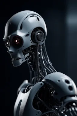 a scary robot searching for humans looking right