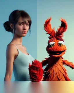 Realistic image, hybrid sexy woman body with muppet Sesame Street head, portrait, concept art, smooth, unreal engine 5, god lights, ray tracing, RTX, lumen lighting, ultra detail, volumetric lighting, 3d, finely drawn, high definition, 4k.