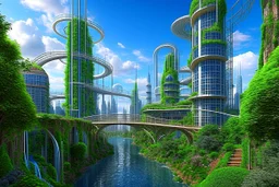 A futuristic alien city, with balconies, verandas, many arches, bridges, spires, paths, trees, dense foliage, Spanish moss, ivy, river, blue sky, white clouds