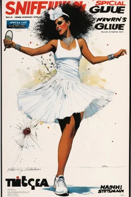 SNIFFIN’ GLUE magazine high res photo cover by Ralph Steadman: special tennis woman dance on the net; guest star : Natasha in white skirt