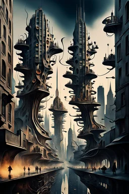 a stunningly weird image of a futuristic metropolis using Salvador Dali's paranoiac-critical method, where buildings and structures appear to melt into the skyline cityscape is filled with floating mad, twisted sharp metal shapes that interact with the buildings and each other, forming a surreal tableau of a dreamlike reality. neu-steampunk vibe, essence of the scene in a cinematic manner, with dramatic shadows that enhance the distorted perspectives and bizarre