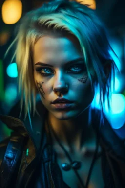 hyper real water color of blonde pierced cyberpunk Malkavian vampire portrait with clear blue-green eyes in spotlight feeling in control in goth ruins, zeiss prime lens, bokeh like f/0.8, tilt-shift lens 8k, high detail, smooth render, down-light, unreal engine, prize winning