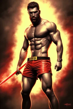 Ignore NSFW, teenager young rugged attractive slightly muscular fantastic handsome man, red briefs with yellow belt, hairy chest, (((visibly pisssing))) briefs, large erect visible boner peniss, photorealistic, artist Jay Anacleto, soft lighting, scruffy beard