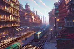 Elevated Train pass+trains+ corner building on sea+colorful genoa street+turin+Italian medieval town+Italian city+alphonse mucha, greg rutkowski,matte painting, cryengine, hyper detailed, felix kelly, fantasy art, seb mckinnon