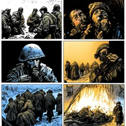 Masterpiece1:5)(Fineart), (award-winning:1.5), highest quality, war journalism, ink and colored pencil sketch of photocollage (by Gustave Doré, Jan Saudek:1.5),(Eastern Ukraine:(panel one:the moment after a battle ends, horrors of war, wounded men),(2nd panel, cinematic shot of men sitting in trench with 1000 yard stare (focus on their eyes:1.5)),(the third panel shows troops tired but hyper alert), (the fourth panel shows the sky is filled with incessant, fire and smoke everywhere,)