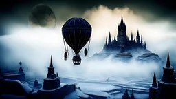 Hot-air balloon, steampunk style, landscape, dark fantasy, ice land, with fog, ancient weird city in background, high detalied, sharp phocus, masterpeace, professional photo, surreal weird mood