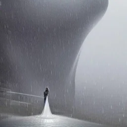 A princess standing. Epic scale. Heavy cold rain. Thunderstorm. An engineer looking up. Futuristic scenary. Gray mist.