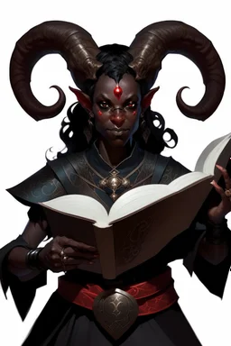 En black skin tiefling fra dnd holding a book with Arcane simple swirling around them