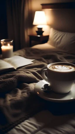 Picture of coffee, bed and night