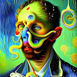 Dibujo al oleo de un hombre pulpo pintado con muchas nubes de colores estilo Vincent van Gogh