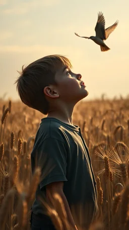 Extremely realistic photo of young boy ,looking up at a bird in the sky ,standing among big fields of barley in big winks, sunny day, (Rembrandt Lighting), zeiss lens, ultra realistic, (high detailed skin:1.2), 8k uhd, dslr, Dramatic Rim light, high quality, Fujifilm XT3, artwork in pale distressed tones , minimalistic approach, blends old world aesthetics art with elements of distressed painting and illustration, shadow play, high conceptuality, palette inspired by Charlene Mc Nally, Carne