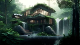 modern house by a big water falls in a karstic rain forest